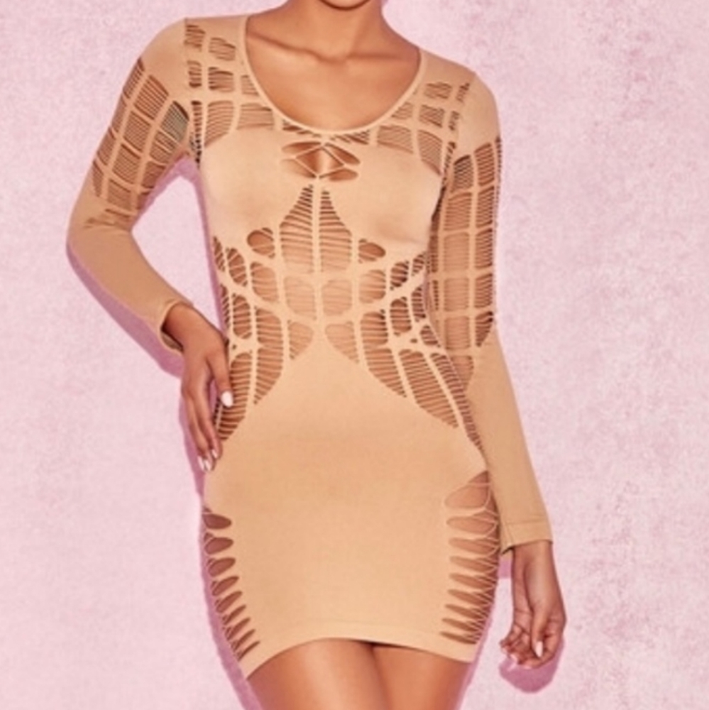 House of CB London Mahina Nude Ladder Luxe Knit Dress NWT